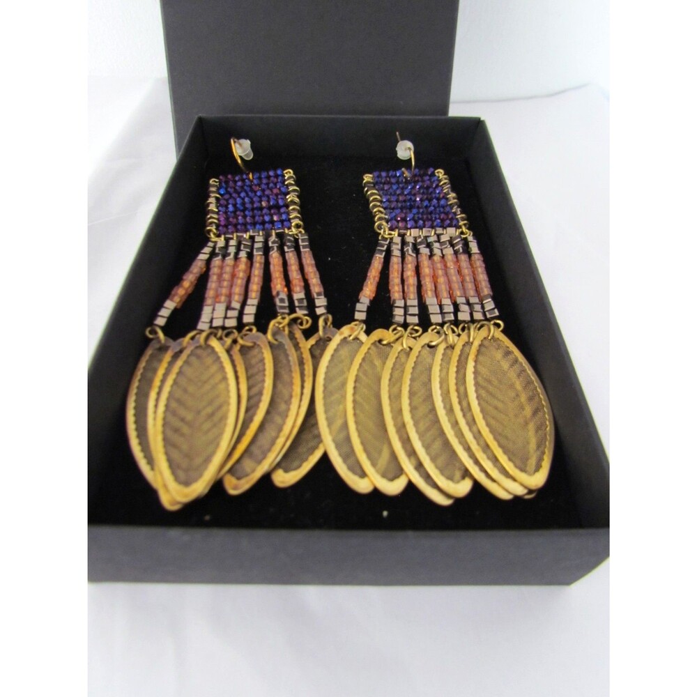 NEW Mimi Scholer Odisea Earrings Blue Orange Beaded Fringe Statement Boho